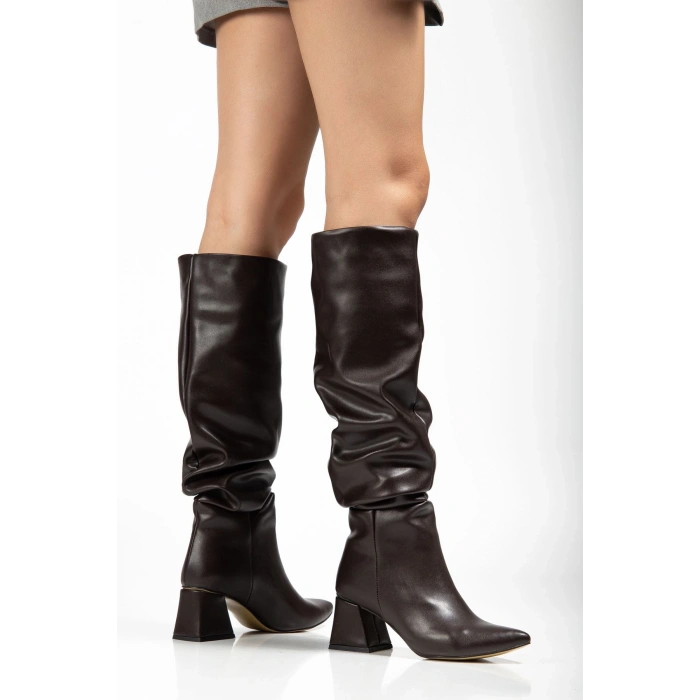 SYT-2002 Kahve Körüklü Kalın Topuklu Günlük Bayan Çizme