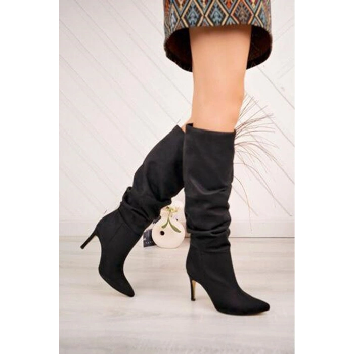 SYT-2003 Siyah Süet Körüklü İnce Topuklu Günlük Bayan Çizme