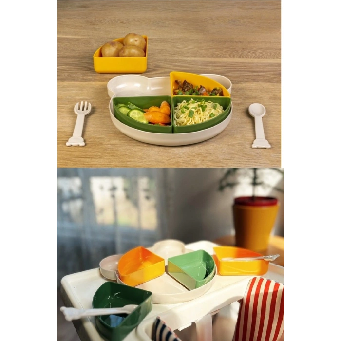 Tabldot Mama Tabağı Çıkarılabilir Kaseli -Tepsili 4 Bölmeli Çatal Kaşıklı Ayıcık Beslenme Kabı