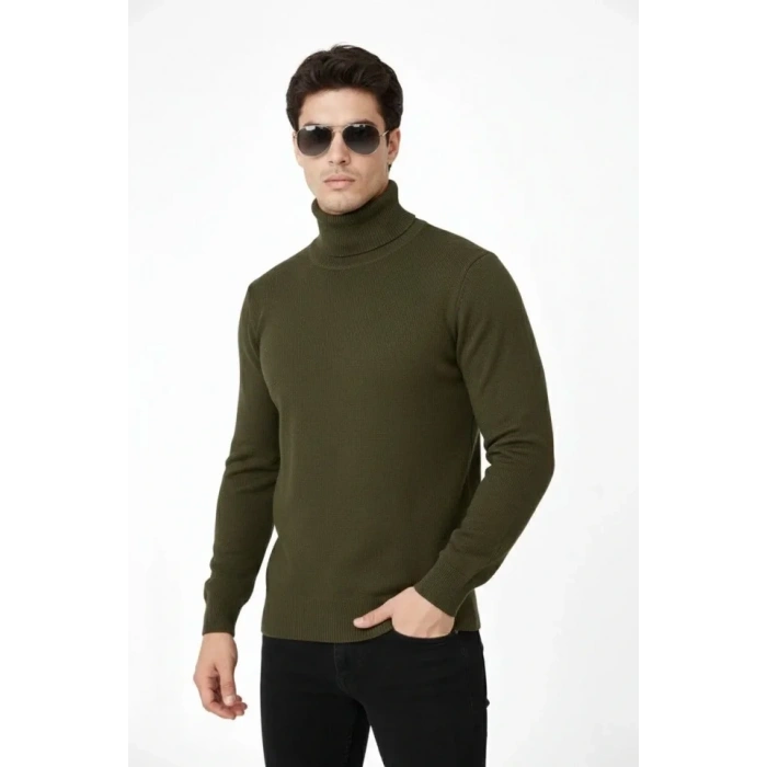 Tam Boğazlı Balıkcı Yaka Triko Kazak Yumuşak Dokulu Pamuklu Ince Dokuma, Uzun Kollu Rahat Regular Kalıp - Haki