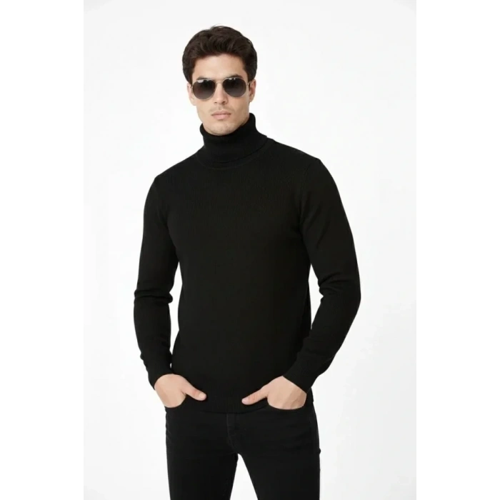 Tam Boğazlı Balıkcı Yaka Triko Kazak Yumuşak Dokulu Pamuklu Ince Dokuma Uzun Kollu - Siyah