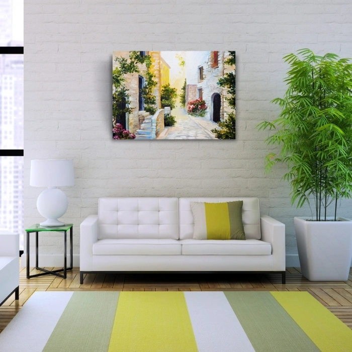 Taş Evler Ve Çiçekli Yol Yağlıboya Kanvas Tablo 50 x 70