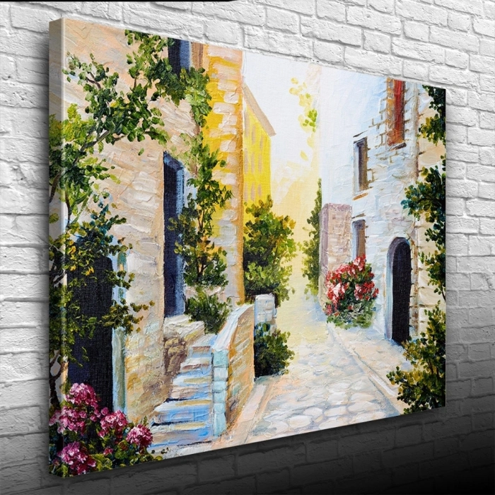 Taş Evler Ve Çiçekli Yol Yağlıboya Kanvas Tablo 50 x 70
