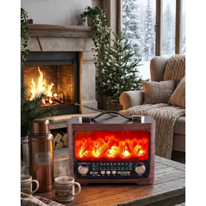 Taşınabilir Şömine Efektli Bluetooth Hoparlör FM Radyo LED Işıklı Müzik Çalar