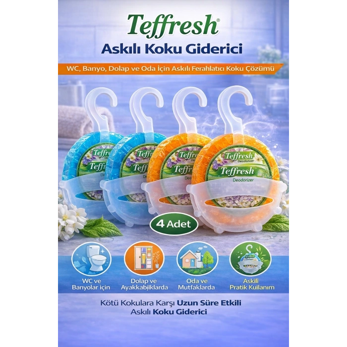 Teffresh Askılı Koku Giderici 4 Adet WC Banyo Dolap ve Oda İçin Askılı Ortam Koku Giderici