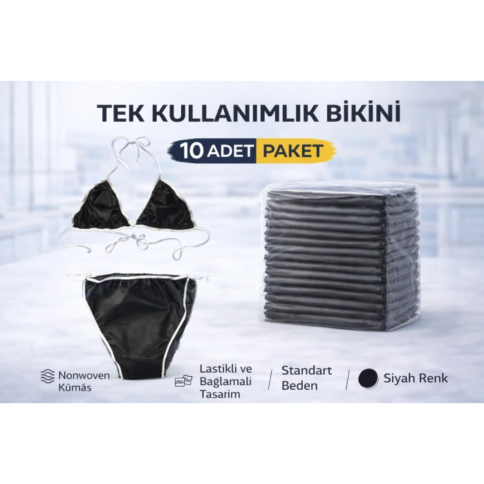 Tek Kullanımlık Bikini 10 Adet Nonwoven Kumaş Siyah Lastikli Standart Beden