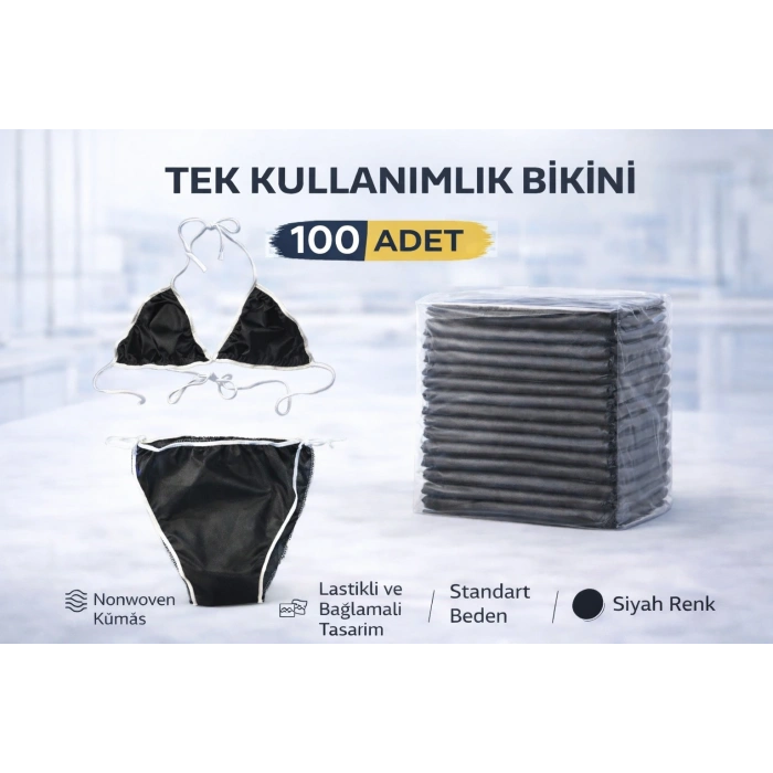 Tek Kullanımlık Bikini 100 Adet Nonwoven Kumaş Siyah Lastikli ve Bağlamalı Standart Beden