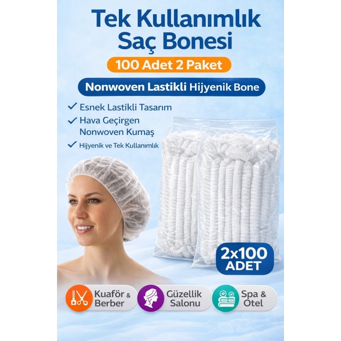 Tek Kullanımlık Saç Bonesi 100LÜ 2 Paket Nonwoven Lastikli Hijyenik Bone Toplam 200 Adet