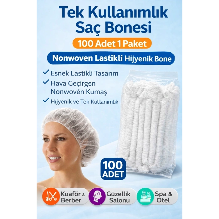 Tek Kullanımlık Saç Bonesi 100’LÜ 1 Paket Nonwoven Lastikli Hijyenik Bone