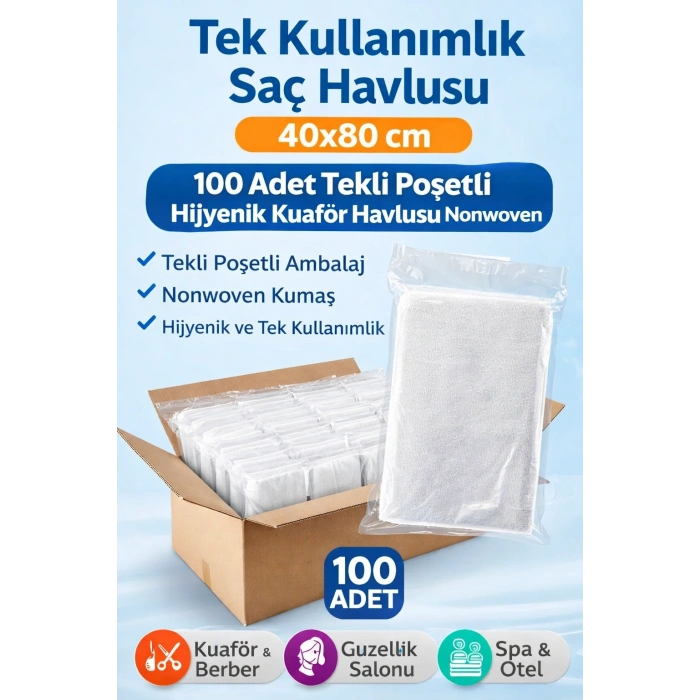 Tek Kullanımlık Saç Havlusu 40x80 cm 100 Adet Tekli Poşetli Hijyenik Kuaför Havlusu Nonwoven