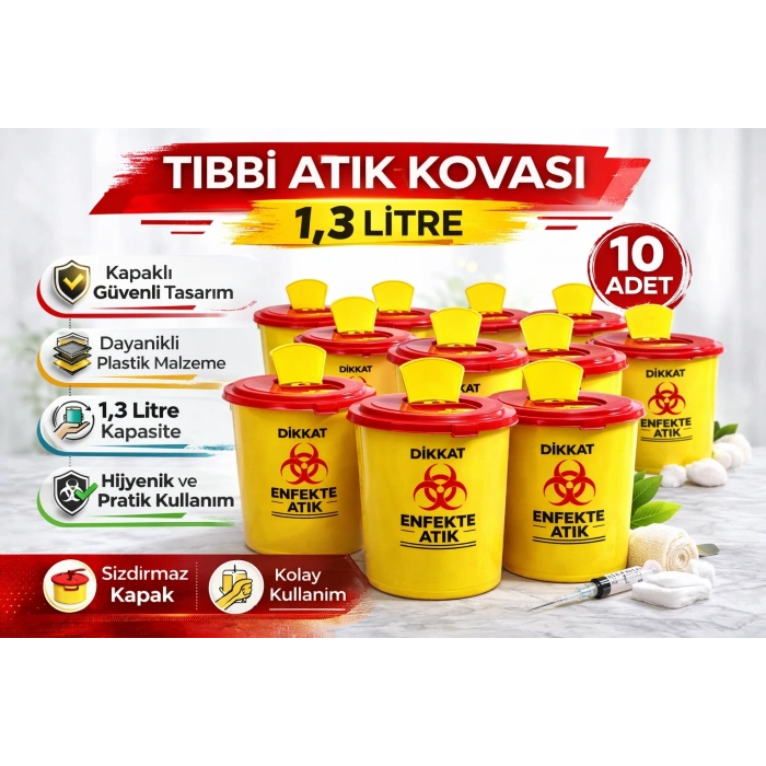 Tıbbi Atık Kovası 1,3 Litre 10 Adet Kapaklı Tıbbi Atık Kutusu Enfekte Atık Kovası Seti