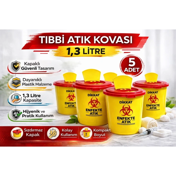 Tıbbi Atık Kovası 1,3 Litre 5 Adet Kapaklı Tıbbi Atık Kutusu Enfekte Atık Kovası Seti