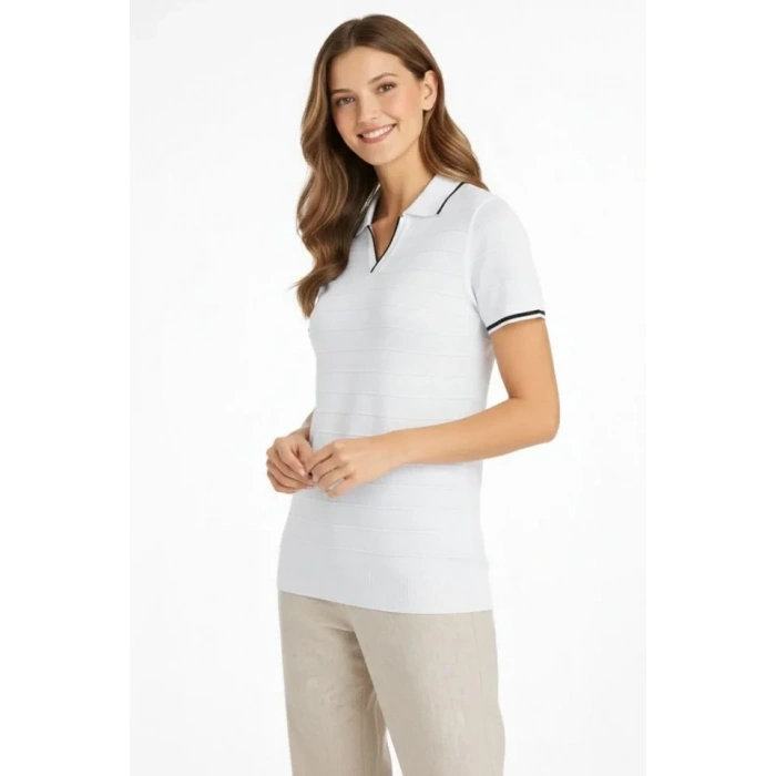 Triko Kumaş Yakalı Düğmesiz Açık Yaka Fitilli Kısa Kollu Regular Fit Tişört T-shirt - Beyaz