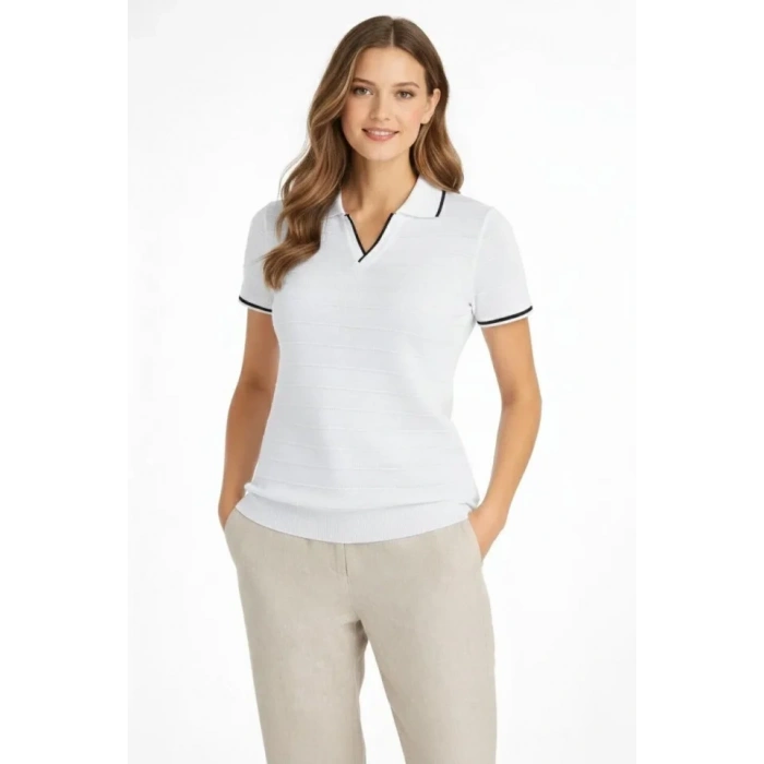 Triko Kumaş Yakalı Düğmesiz Açık Yaka Fitilli Kısa Kollu Regular Fit Tişört T-shirt - Beyaz