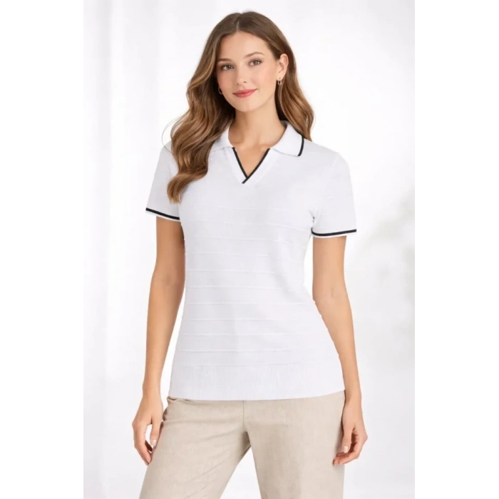 Triko Kumaş Yakalı Düğmesiz Açık Yaka Fitilli Kısa Kollu Regular Fit Tişört T-shirt - Beyaz