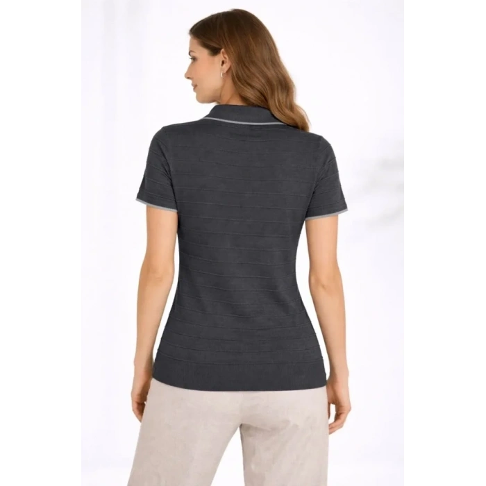 Triko Kumaş Yakalı Düğmesiz Açık Yaka Fitilli Kısa Kollu Regular Fit Tişört T-shirt - Siyah