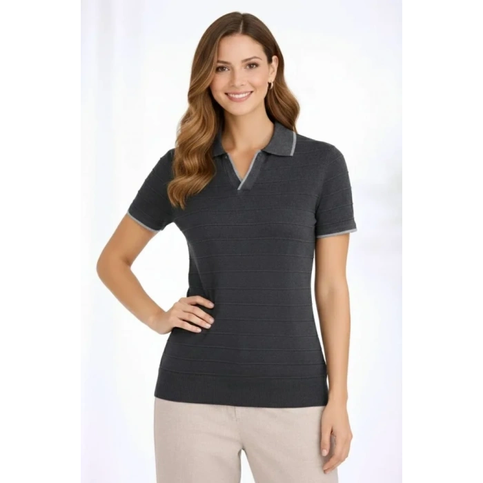 Triko Kumaş Yakalı Düğmesiz Açık Yaka Fitilli Kısa Kollu Regular Fit Tişört T-shirt - Siyah