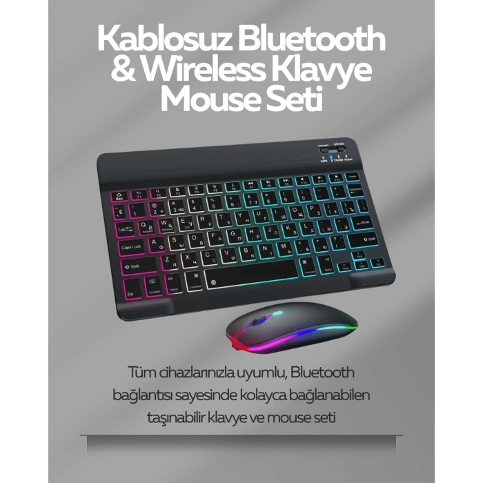 Tüm Cihazlarla Uyumlu RGB Işıklı Kablosuz Klavye ve Mouse Seti
