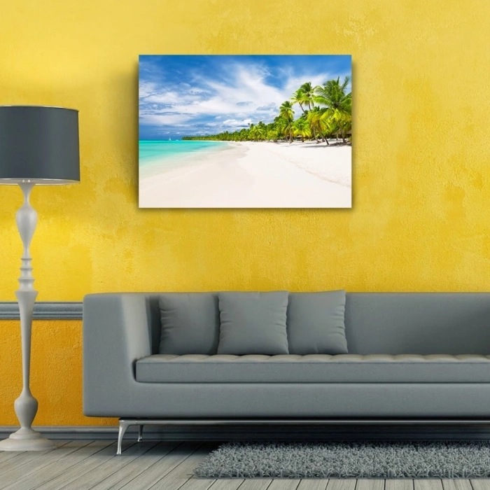 Turkuaz Deniz Palmiyeler ve Bembeyaz Kumsal Kanvas Tablo 50 x 70