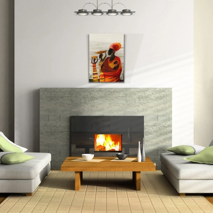 Turuncu ve Gri Tonlarda Afrika Yerli Kadınlar Kanvas Tablo 50 x 70