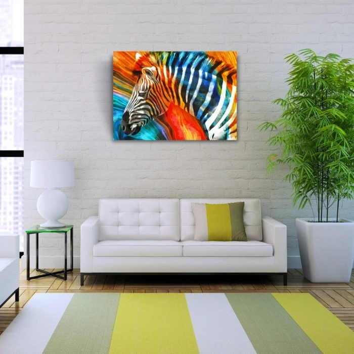 Turuncu ve Mavi Tonlar Zebra Resmi Kanvas Tablo 50 x 70