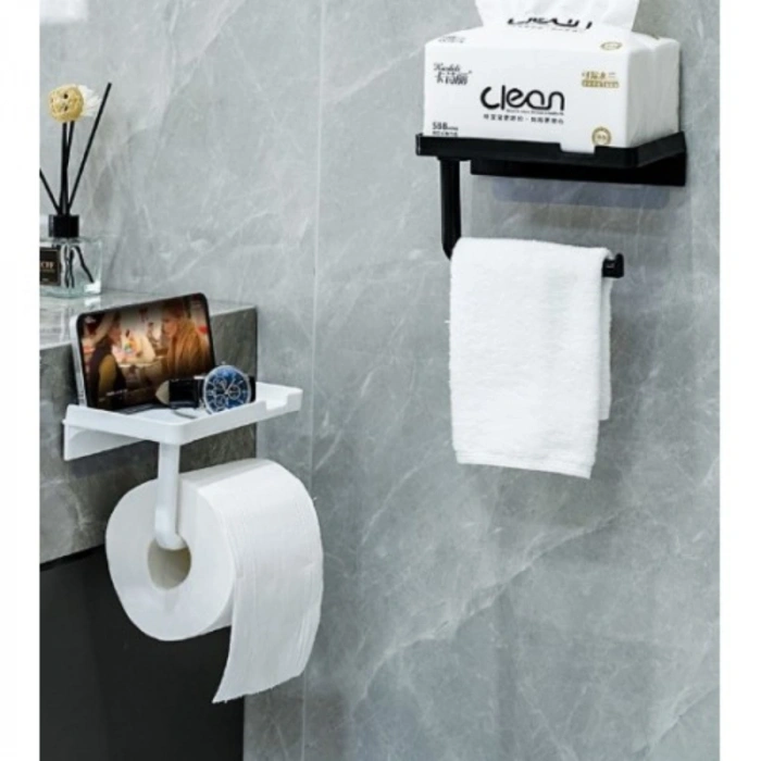 Tuvalet Kağıdı Askılığı - Raflı ve Yapışkanlı - Matkapsız Banyo Aksesuarı