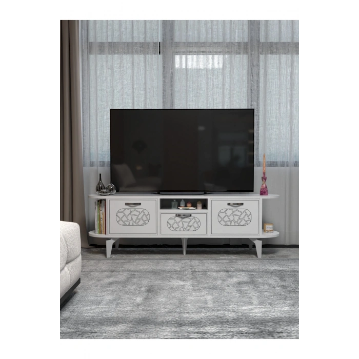 Tv Sehpası Mira Gümüş 5033 Beyaz 160 Cm 35 Cm 50 Cm