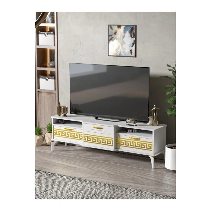 Tv Sehpası Tv Ünitesi 160 Cm Gold Beyaz Mistral 5072