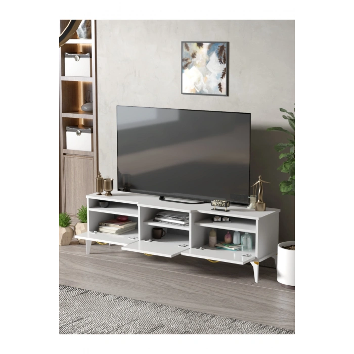 Tv Sehpası Tv Ünitesi 160 Cm Gold Beyaz Mistral 5072