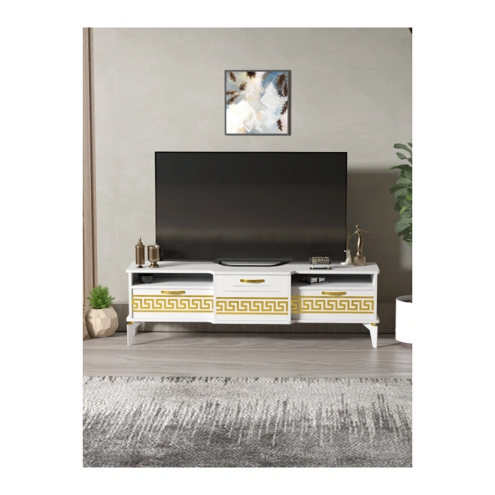Tv Sehpası Tv Ünitesi 160 Cm Gold Beyaz Mistral 5072