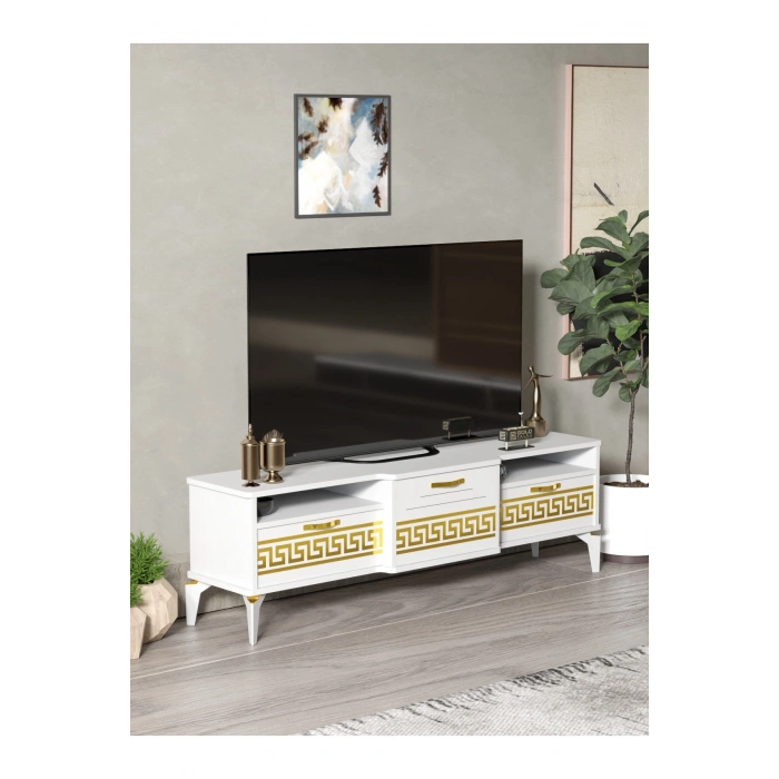 Tv Sehpası Tv Ünitesi 160 Cm Gold Beyaz Mistral 5072