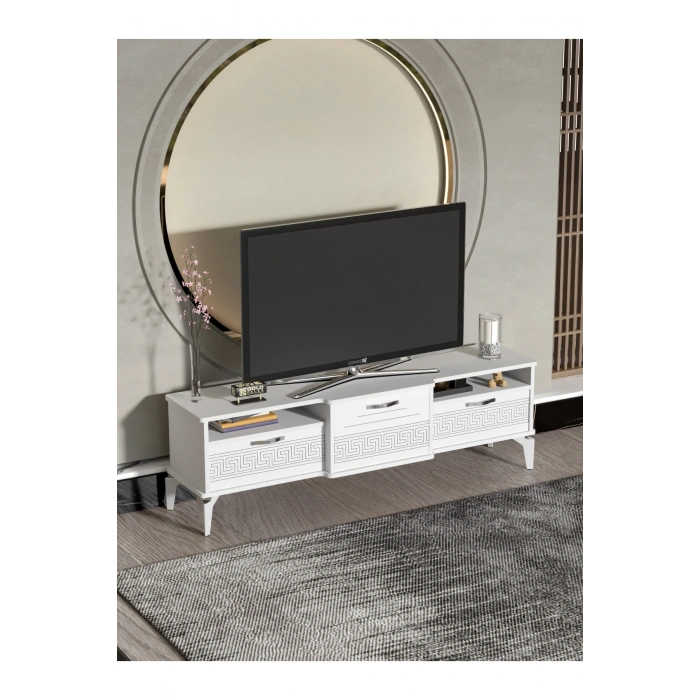 Tv Sehpası Tv Ünitesi 160 Cm Gümüş Beyaz Mistral 5073