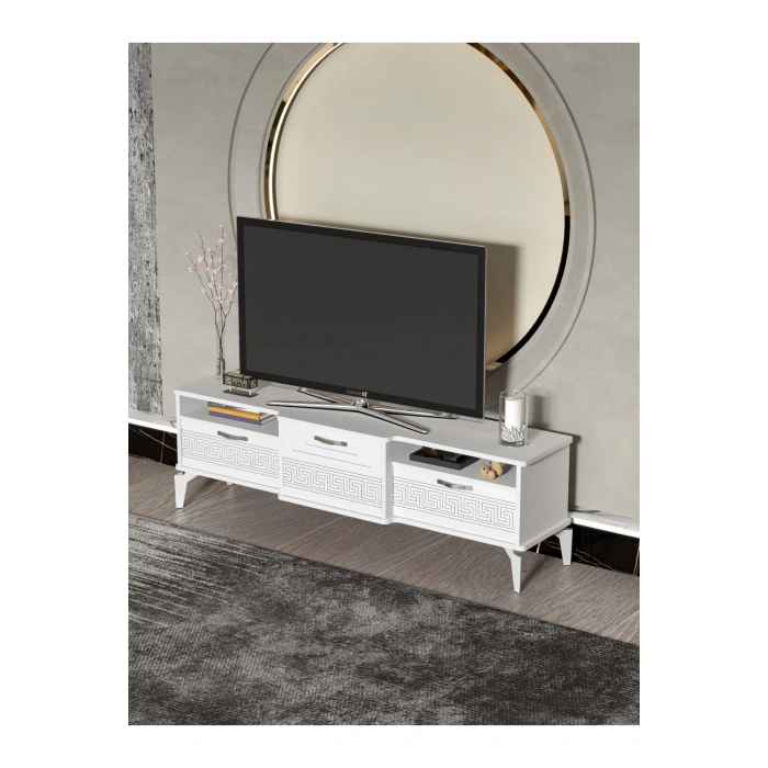 Tv Sehpası Tv Ünitesi 160 Cm Gümüş Beyaz Mistral 5073
