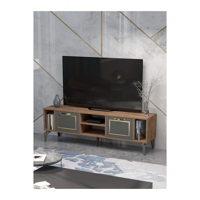 Tv Sehpası Tv Ünitesi Atlantik Çam Antrasit Gold 160 Cm Linya 5040