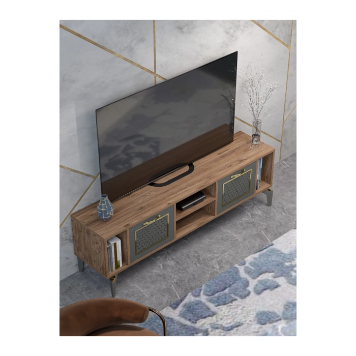 Tv Sehpası Tv Ünitesi Atlantik Çam Antrasit Gold 160 Cm Linya 5040