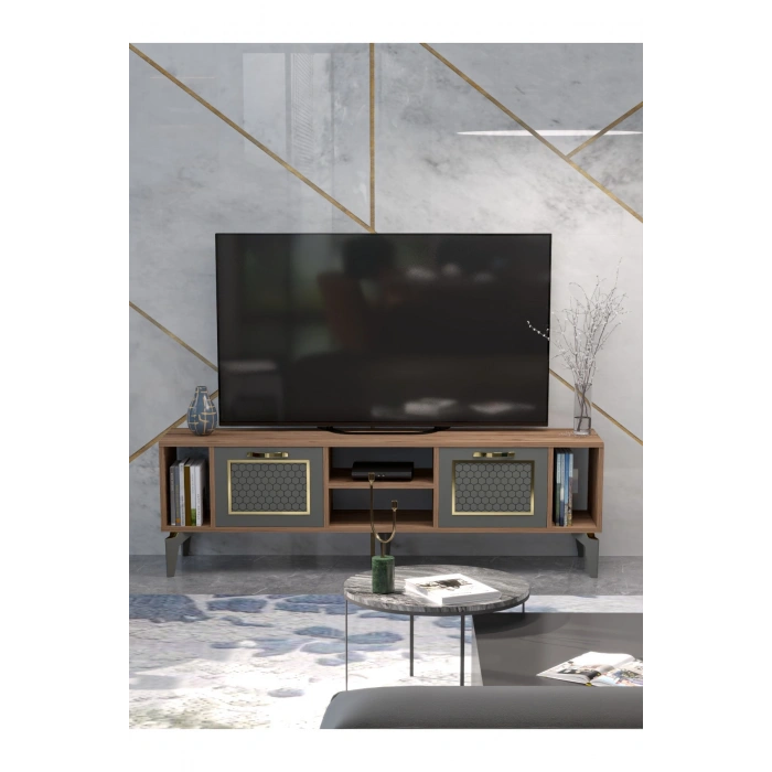 Tv Sehpası Tv Ünitesi Atlantik Çam Antrasit Gold 160 Cm Linya 5040