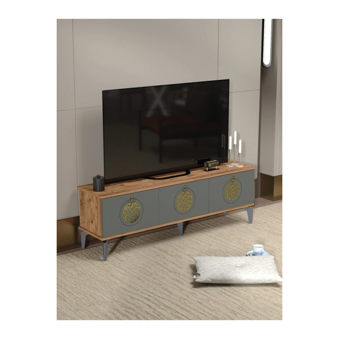 Tv Sehpası Tv Ünitesi Atlantik Çam Antrasit Gold 160 Cm Saraylı 5060