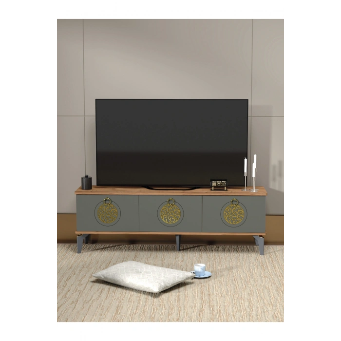 Tv Sehpası Tv Ünitesi Atlantik Çam Antrasit Gold 160 Cm Saraylı 5060