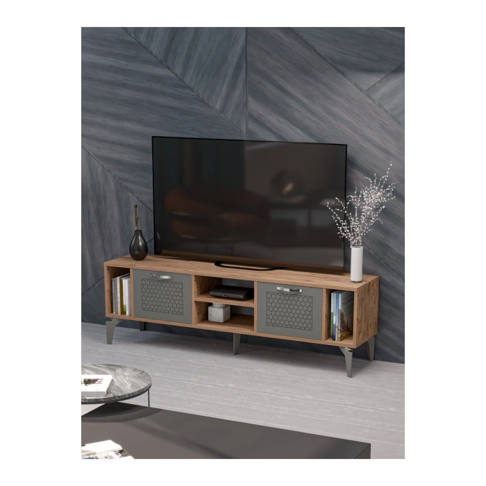 Tv Sehpası Tv Ünitesi Atlantik Çam Antrasit Gümüş 160 Cm Linya 5041