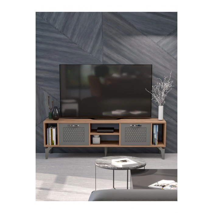 Tv Sehpası Tv Ünitesi Atlantik Çam Antrasit Gümüş 160 Cm Linya 5041