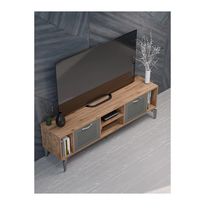 Tv Sehpası Tv Ünitesi Atlantik Çam Antrasit Gümüş 160 Cm Linya 5041