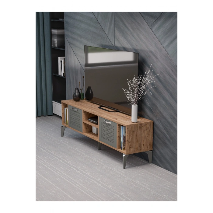 Tv Sehpası Tv Ünitesi Atlantik Çam Antrasit Gümüş 160 Cm Linya 5041