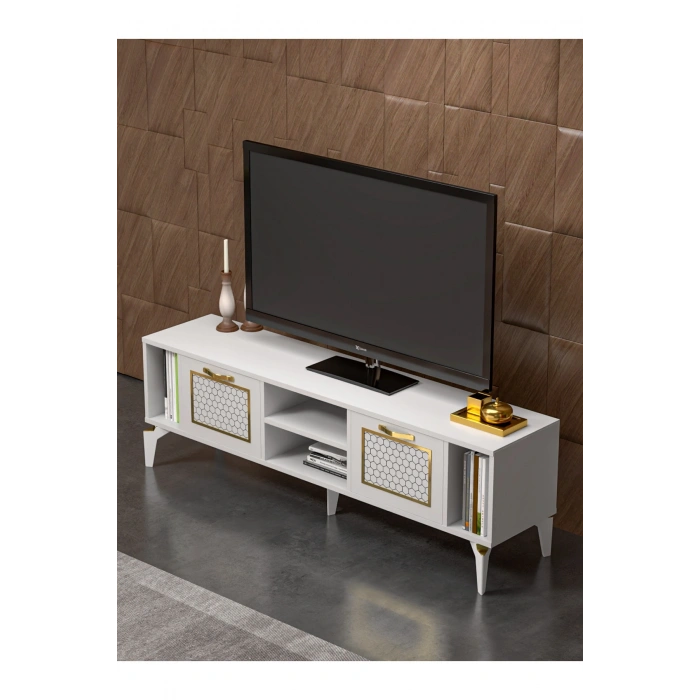 Tv Sehpası Tv Ünitesi Beyaz Gold 160 Cm Linya 5042