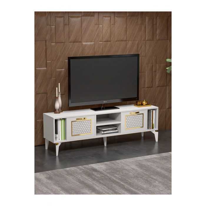 Tv Sehpası Tv Ünitesi Beyaz Gold 160 Cm Linya 5042