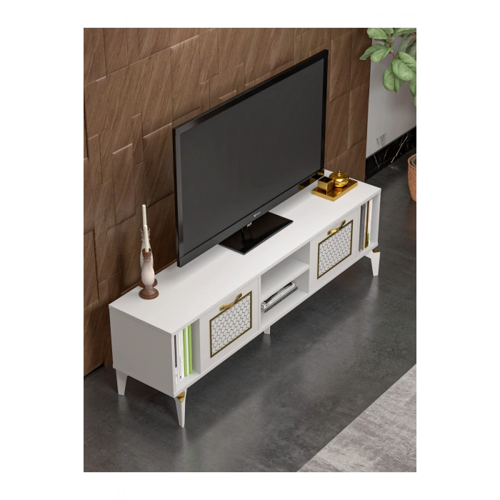 Tv Sehpası Tv Ünitesi Beyaz Gold 160 Cm Linya 5042