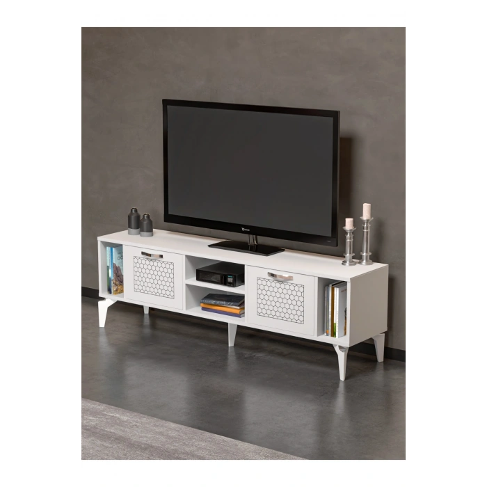 Tv Sehpası Tv Ünitesi Beyaz Gümüş 160 Cm Linya 5043