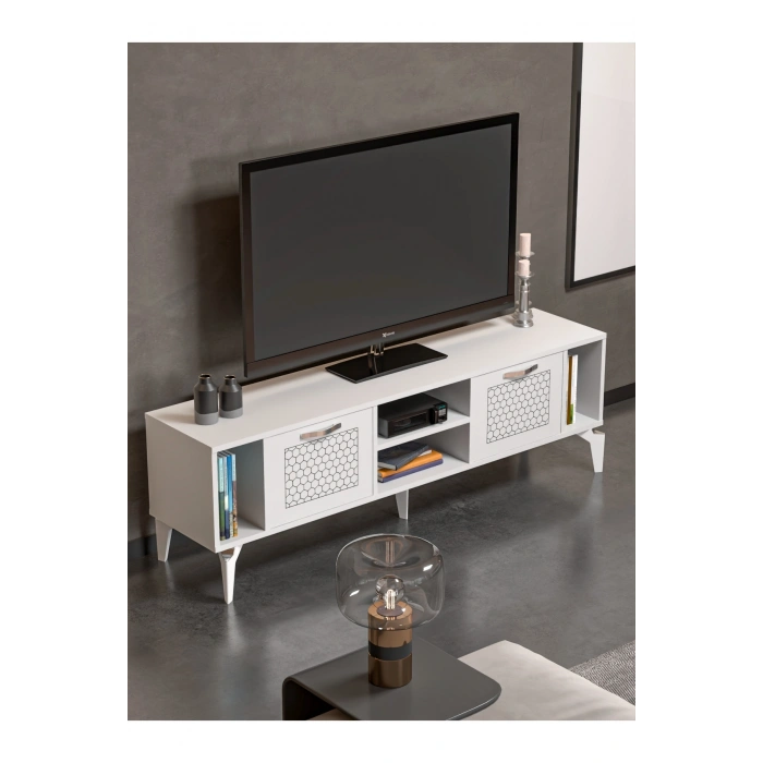 Tv Sehpası Tv Ünitesi Beyaz Gümüş 160 Cm Linya 5043