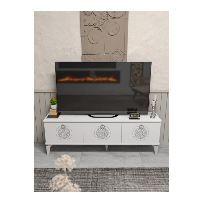 Tv Sehpası Tv Ünitesi Beyaz Gümüş 160 Cm Saraylı 5063
