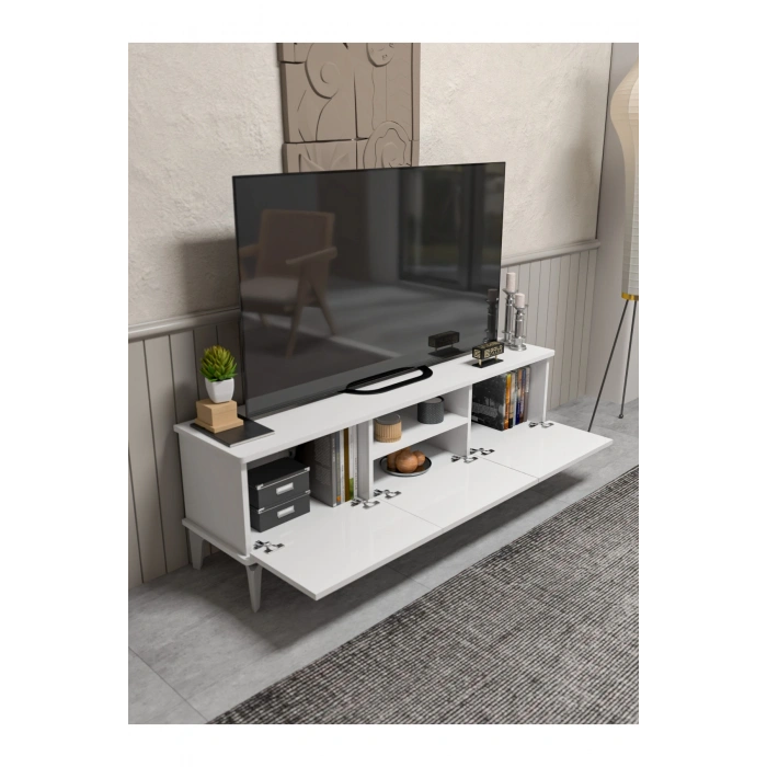 Tv Sehpası Tv Ünitesi Beyaz Gümüş 160 Cm Saraylı 5063