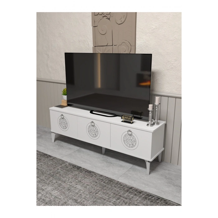 Tv Sehpası Tv Ünitesi Beyaz Gümüş 160 Cm Saraylı 5063